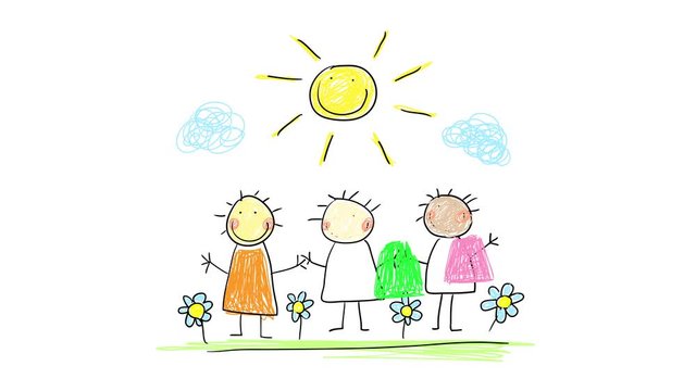 innocent drawing of three kids with orange pink and green clothes opening their arms between flowers growing healthy on grass under sun with happy face