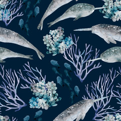 Marine seamless watercolor pattern. Narwhals on a dark background © Marina