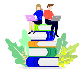 Man and woman sitting on the books. Man and woman working with laptop. Banner, graphics, vector.