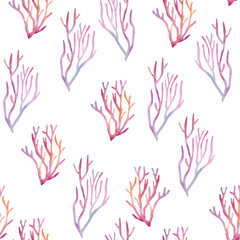 Marine seamless watercolor pattern pink corals on white background