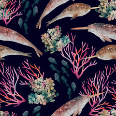 Marine seamless watercolor pattern. Narwhals with corals on a dark background © Marina