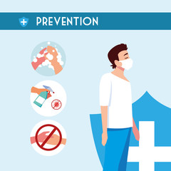 Man shield and prevention tips of Covid 19 virus vector design