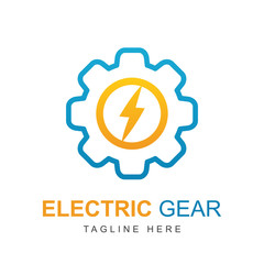 Electric power vector logo design element with gear shape. Service energy and thunder electricity symbol concept. Lightning bolt sign in the circle. Flash vector emblem template. Power fast speed