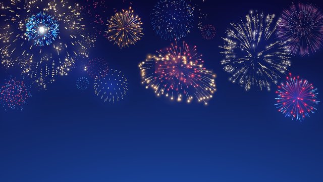 Fireworks in sky. Firework explosion burst, colorful firecrackers and night festival celebration vector background illustration