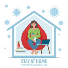 Coronavirus concept. Stay at home during the coronavirus epidemic. Work at home during isolation. Female employee works from home. Vector illustration in flat style