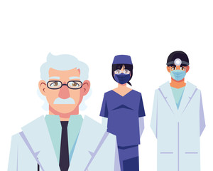 female and male doctors with uniforms and masks vector design