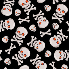 Skulls and bones seamless pattern on black.