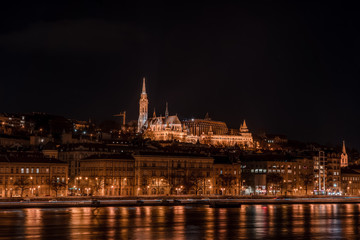 Fototapeta na wymiar Long exposure view of Matyas matthias Church on Fisherman's Bastion hill in Budapest in the night
