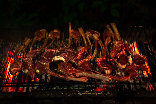 Lamb Chops Are Being Cooking On BBQ Gril, Low Key