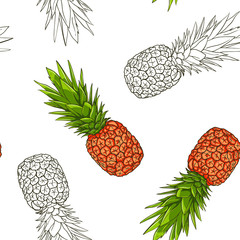 Seamless pineapple pattern. Summer ornament  with ananas for textile design. Hand drawn exotic tropical illustration.