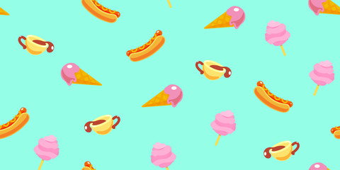 Fast food seamless pattern in modern style. Tasty Cover texture with hot dog, coffee, cotton candy, ice cream. Repeat vector banner. Snack for decorative cafe background, wallpaper