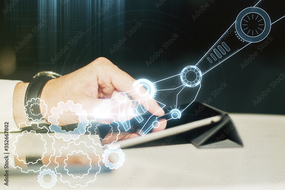 Aufkleber double exposure of robotics technology hologram and finger clicks on a digital tablet on background.
