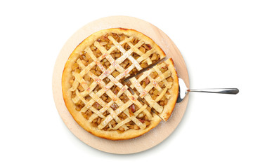 Tray with apple pie isolated on white background. Homemade food