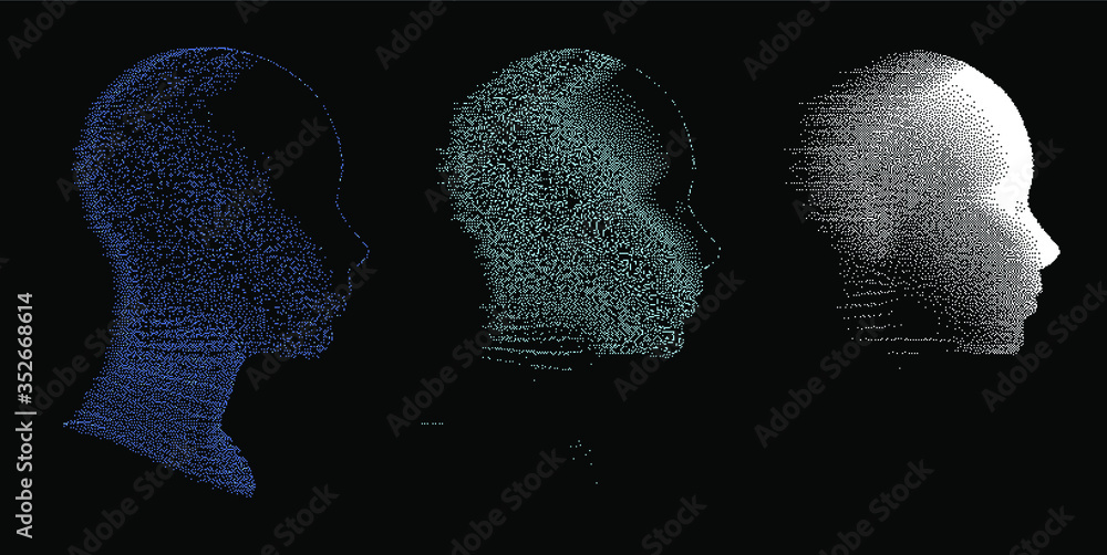 Poster Artificial intelligence concept. Human head with glitched pixels, distorted profile of a woman made of square particles.