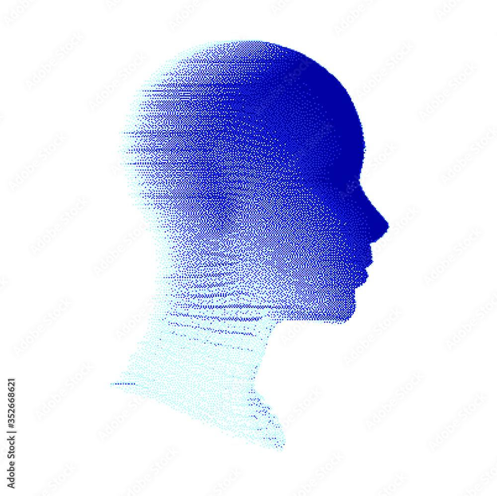 Poster Artificial intelligence concept. Human head with glitched pixels, distorted profile of a woman made of square particles.