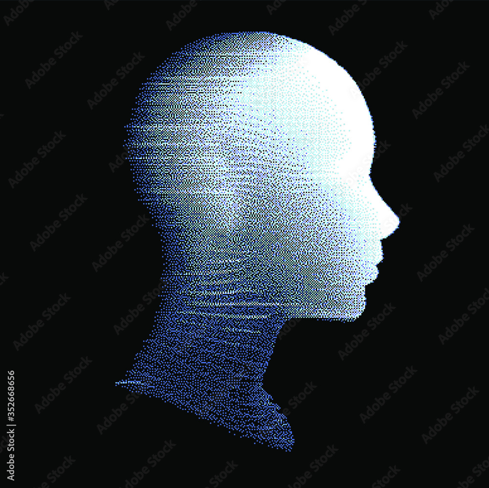 Poster artificial intelligence concept. human head with glitched pixels, distorted profile of a woman made 