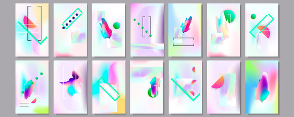 Gradient mesh cover set of backgrounds texture foil pearl shades. Abstract stylish gradient with holographic foil. 90s, 80s retro style