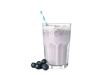Glass of blueberry milkshake isolated on white background