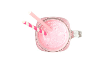 Glass jar with strawberry and raspberry milkshake isolated on white background