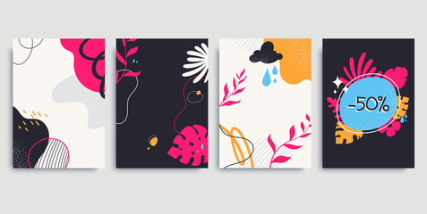 Collection of colorful contemporary backgrounds in A4 size. Abstract posters with floral elements, liquid shapes, lines. Trendy hand drawn style. Applicable for social media post, blog, banner.