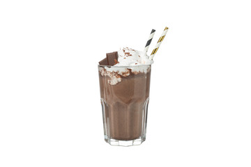 Glass of chocolate milkshake isolated on white background