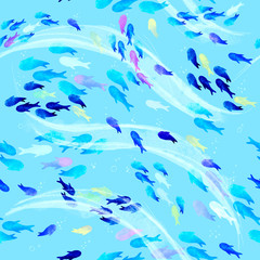 Watercolor seamless pattern with colorful fish and waves on a blue background. Texture with oceanic creatures for wallpaper, packaging, scrapbooking, fabrics, textiles