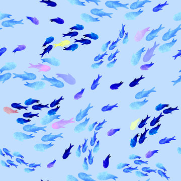 Watercolor seamless pattern with fishes on the blue background. Texture with oceanic creatures for wallpaper, packaging, scrapbooking, fabrics, textiles