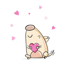 Good little pig holding a heart. Cartoon vector illustration. Funny animal holding heart in his hand