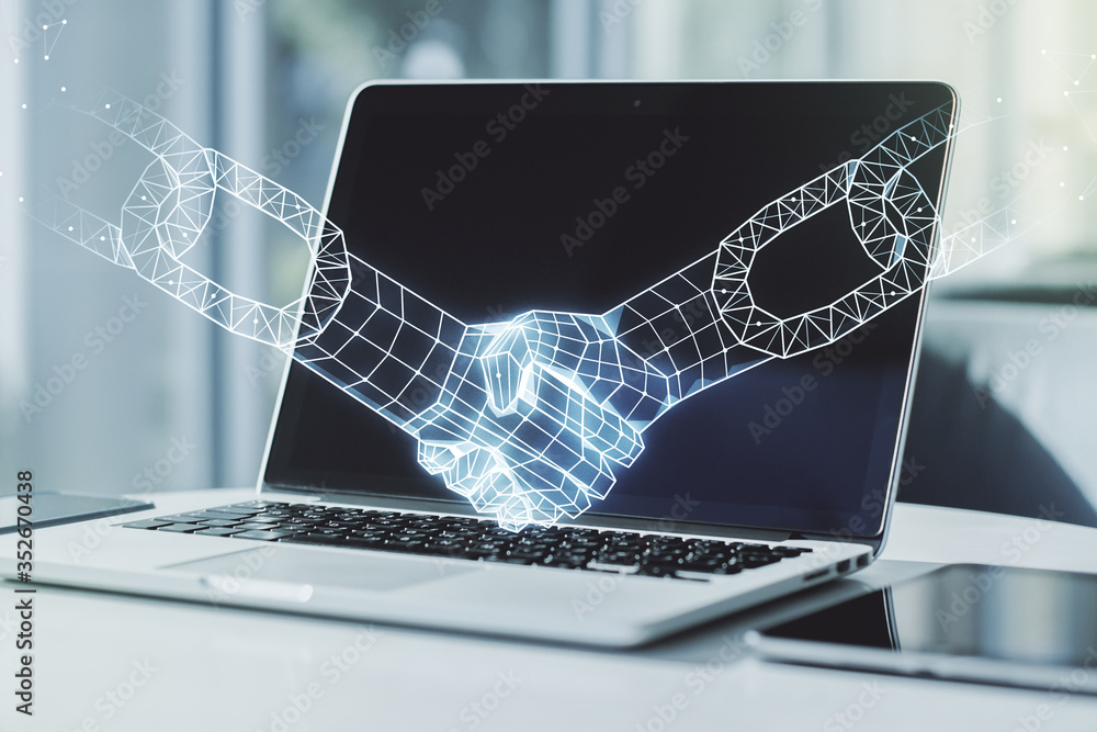 Aufkleber double exposure of blockchain technology with handshake hologram on laptop background. research and 
