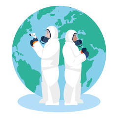 Doctors with protective suits and world vector design