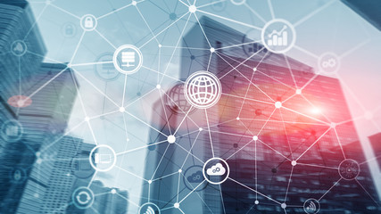 ICT. New technology concept 2020. Information and communications technology concept on blurred Hong Kong background.