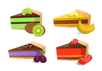 Set of cake pieces with fruits and berries.
