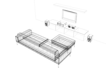 Abstract apartment, wireframe technique, original 3d rendering