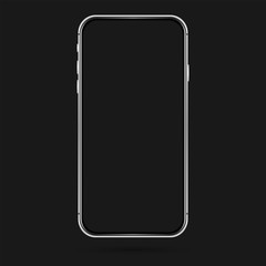 Isolated empty cell phone mockup. Silver phone on the dark background. Silver phone on the black background.