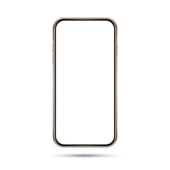 Isolated empty cell phone mockup. Golden phone on the dark background. Golden phone on the white background