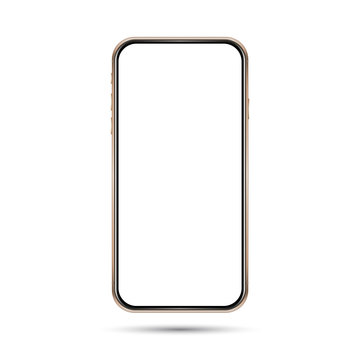 Isolated empty cell phone mockup. Golden phone on the dark background. Golden phone on the white background