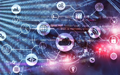 Connection Network Project . Mixed Media Graphics on Virtual Screen Data Center. Cloud Computing.