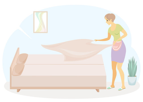 Profile of a sweet lady. The girl is making the bed in the room. A woman is a good wife and a neat housewife. Vector illustration
