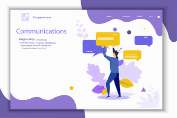 Cute man holding speech bubble or message notification. Creative concept of internet communication, online conversation on social network, instant messaging, chatting. Modern flat vector illustration.
