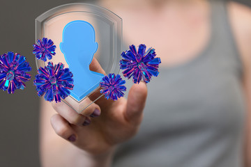 Hologram of coronavirus COVID-2019 on a blue futuristic background. Deadly type of virus 2019-nCoV. 3D models of coronavirus bacteria. Vectonic illustration in HUD style.