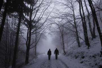 Beautiful couple walking along an unmaintained forest path in the white darkness. Two people go into the unknown. Tightness, loneliness. Gloom. Prasiva mountain, Beskydy, East Europe
