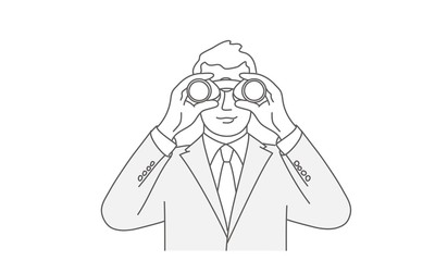 Businessman with binoculars. Line drawing vector illustration.