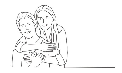 Young woman is hugging her boyfriend from the back. Line drawing vector illustration.
