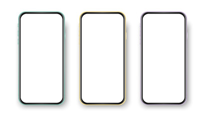 Phone front, realistic view on white background. Set of colorful cell phone. Fashion phone frames. Empty phone.
