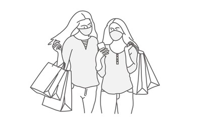 Women in protective mask on face with paper bags in hands. Women shopper. Line drawing vector illustration.