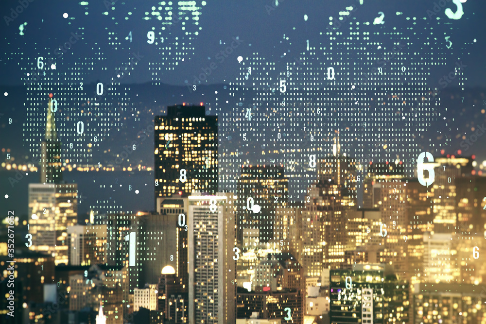 Poster multi exposure of abstract programming language hologram and world map on san francisco office build