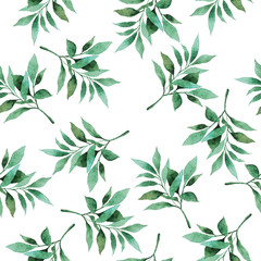 Fototapeta na wymiar Watercolor seamless pattern of green leaves on white background