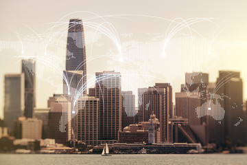 Double exposure of abstract digital world map hologram with connections on San Francisco city skyscrapers background, research and strategy concept