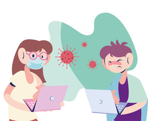 couple with mask working in computer