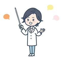 指示棒を持って話す女性医師　ポーズ　イラスト